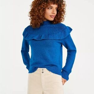 NEW!  Ann Taylor XS Sweater, Mixed Stitch Ruffle Pullover Blue